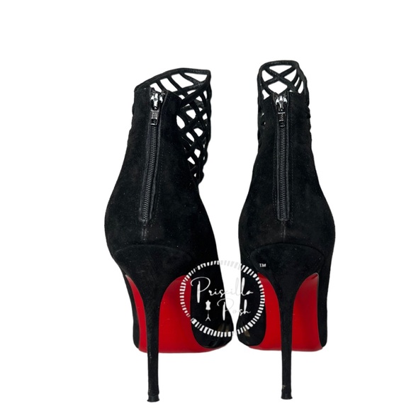 Christian Louboutin Black Suede Pointed Toe Ankle Boots Cutout Stiletto Heel 37 - Picture 7 of 16